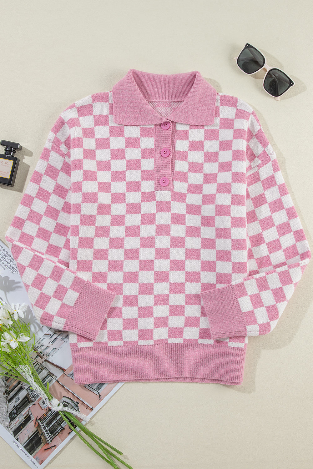 Checkered Buttons Collar V Neck Drop Shoulder Sweater