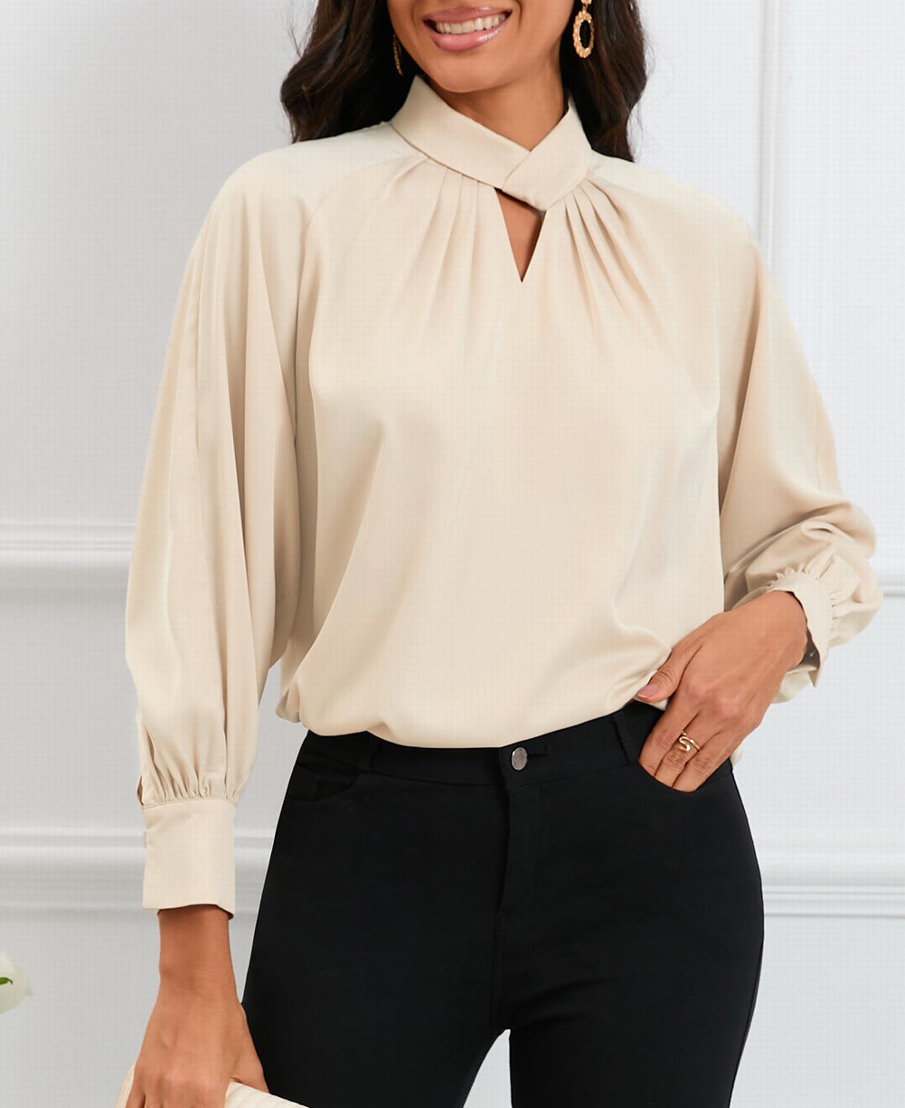 Keyhole Pleated Mock Neck Bishop Sleeve Blouse