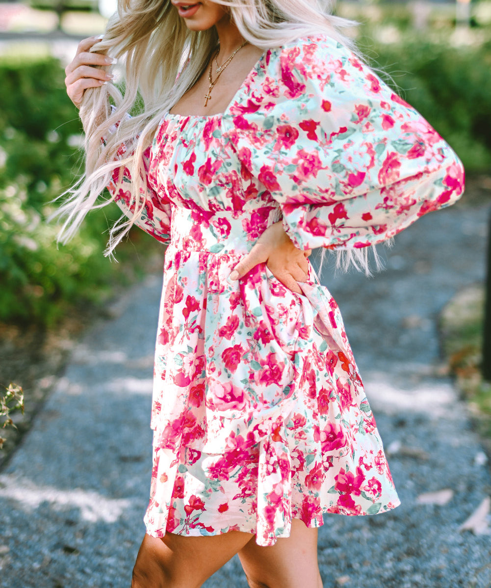 Ruffle Tiered High Waist Puff Sleeve Floral Dress