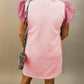 Textured Puff Sleeve Ruffled V Neck Shift Mini Dress