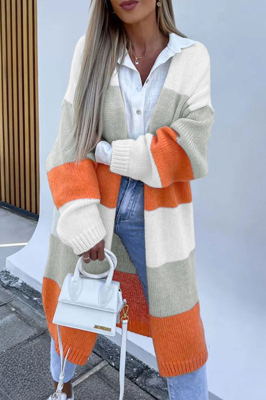 Striped Color Block Drop Shoulder Midi Cardigan