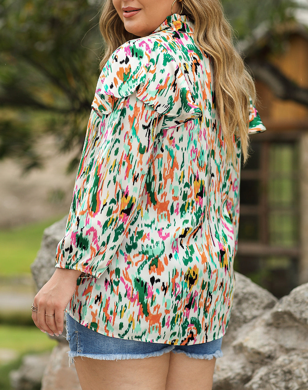 Abstract Print Ruffled V Neck Plus Size Blouse