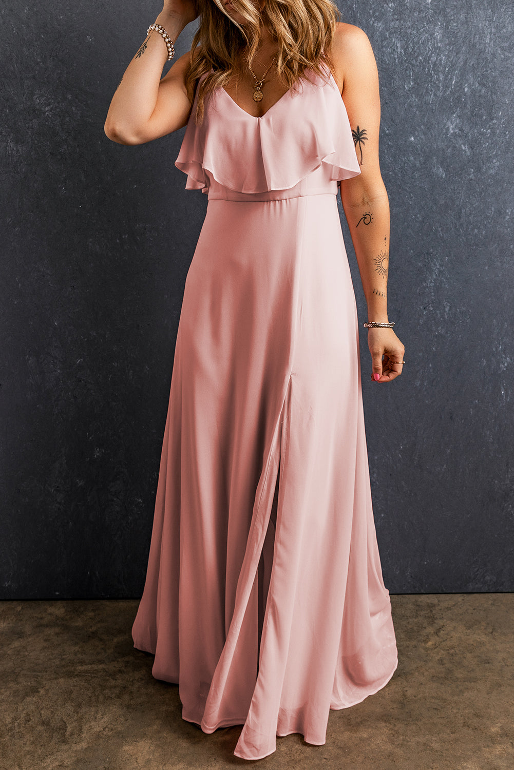 Spaghetti Straps V Neck Ruffled Split Long Dress