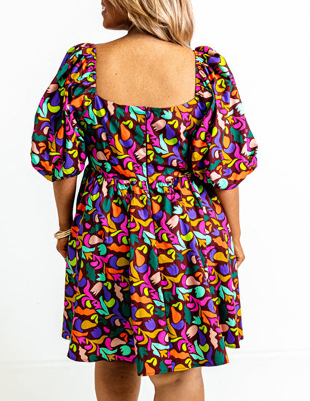 Plus Size Printed Puff Sleeve Short Flare Dress