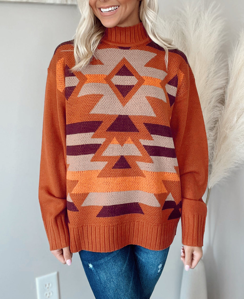 Aztec Knitted High Neck Drop Shoulder Sweater