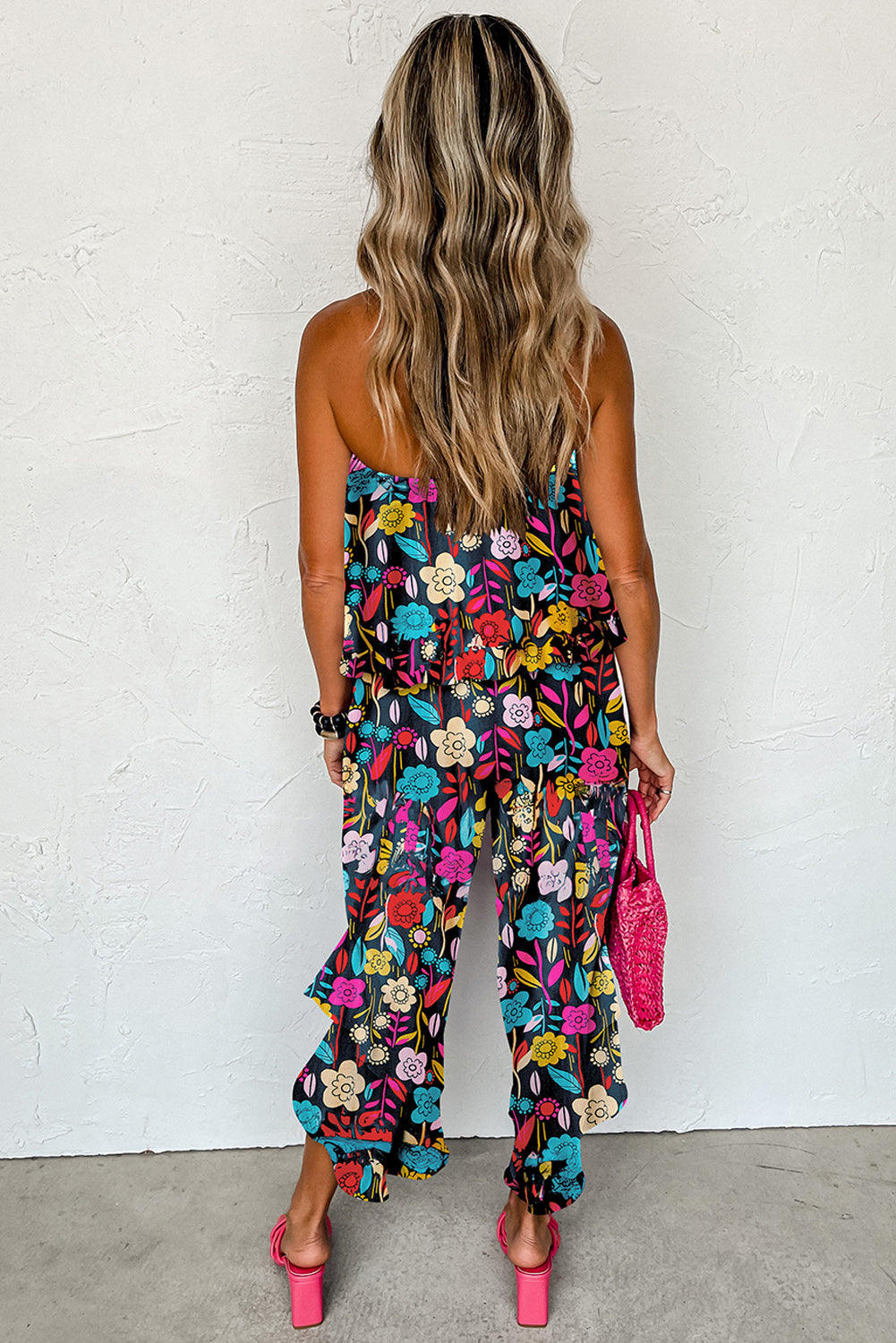 Mix Tropical Print Strapless Ruffled Jumpsuit