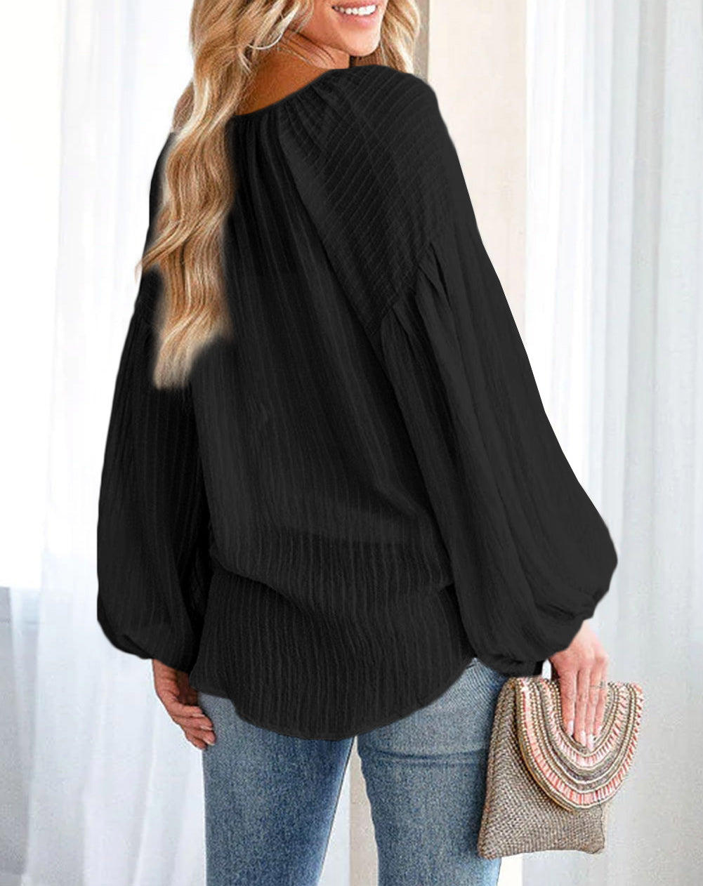 Lantern Sleeve Stripe Tassel Drawstring Blouse