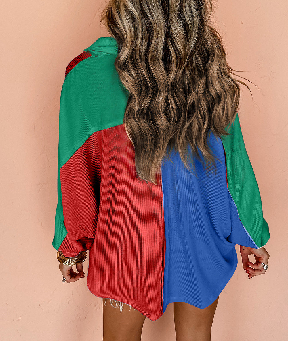 Colorblock Ribbed Collared Oversized Sweatshirt