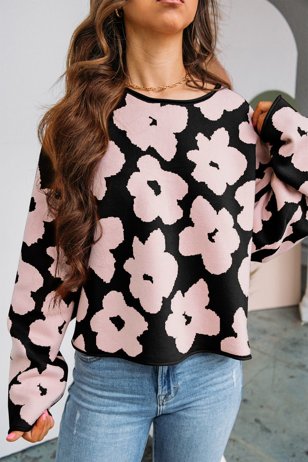 Floral Pattern Crew Neck Long Sleeve Loose Sweater