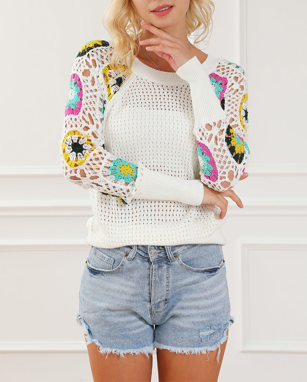 Pointelle Floral Crochet Sleeve Sweater