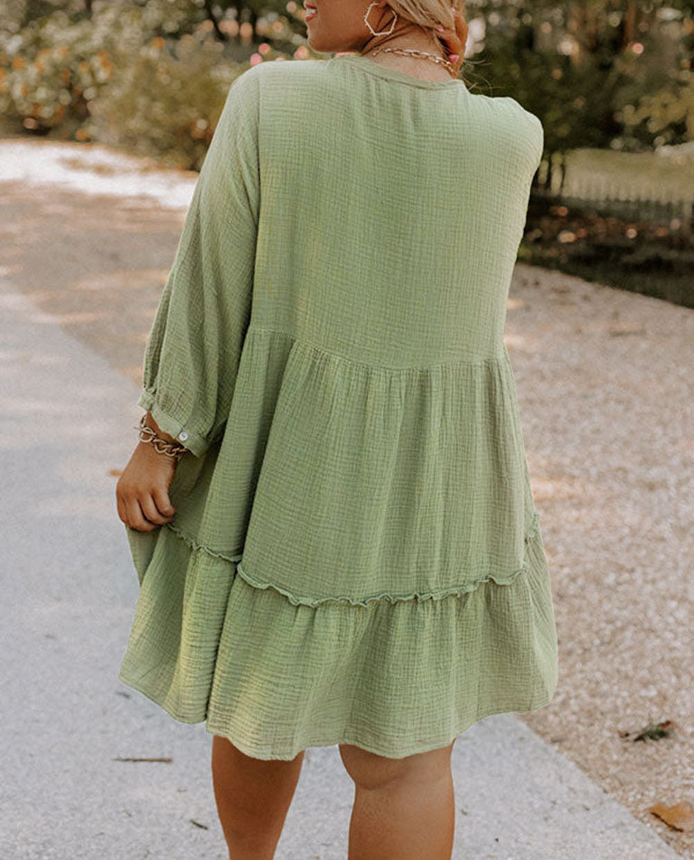 Textured Ruffled Buttoned V Neck Plus Size Mini Dress