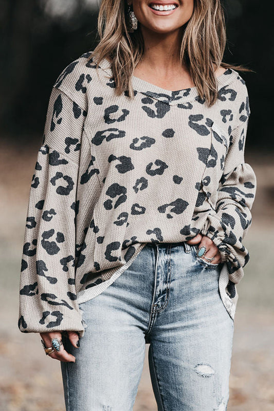 Printed Leopard Balloon Sleeve Thermal Knit Plus Size Top