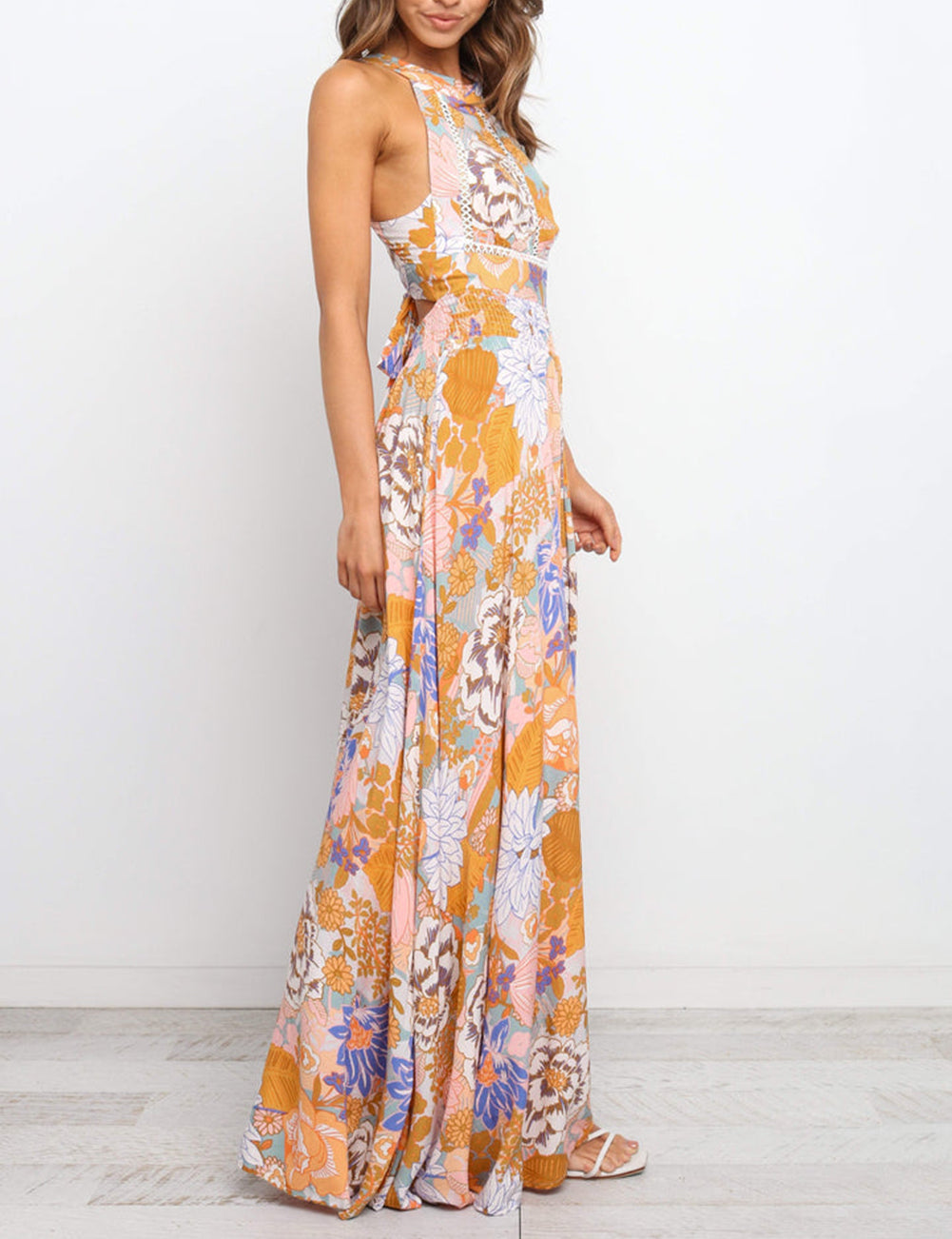 Floral Backless Lace up Sleeveless Maxi Dress