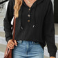 Button Front Textured Drawstring Hooded Long Sleeve Top
