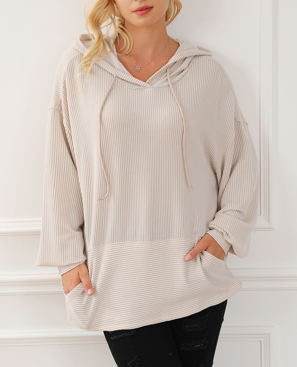 Corded Drop Shoulder Kangaroo Pocket Hoodie