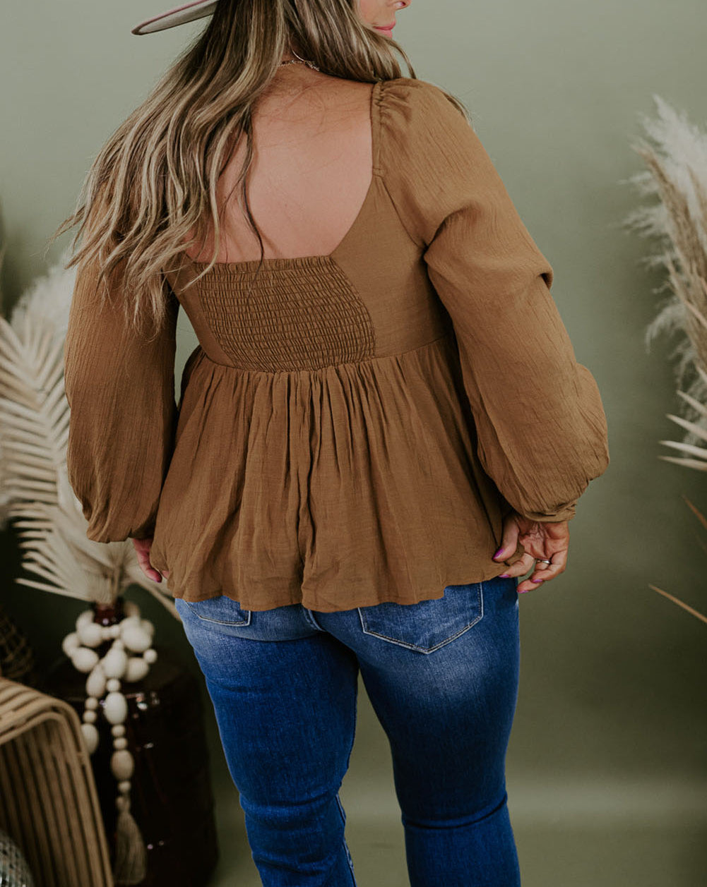 Plus Size Sweetheart Neck Long Sleeve Peplum Blouse