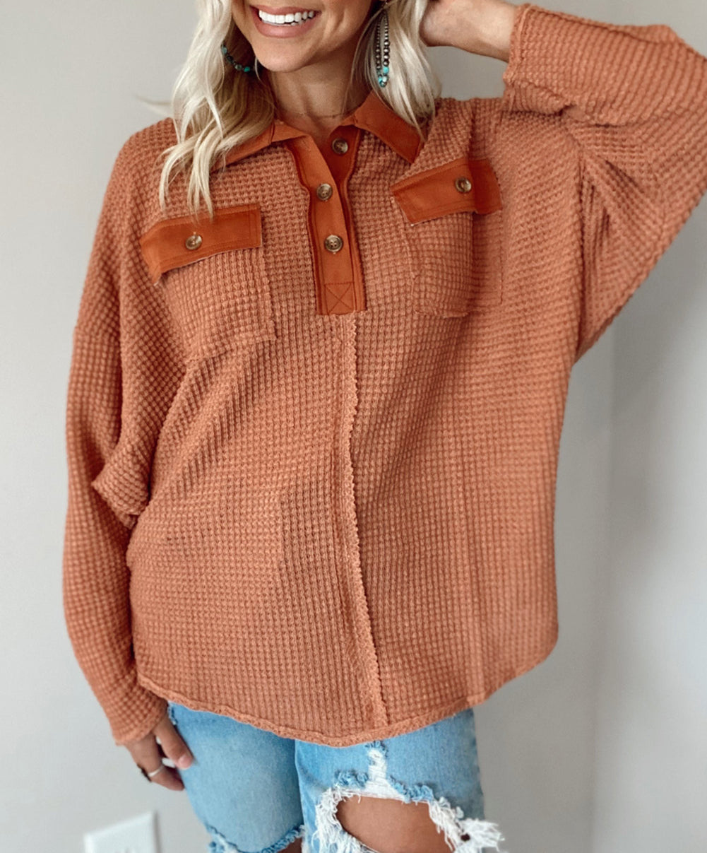 Waffle Knit Button Contrast Trim Long Sleeve Top