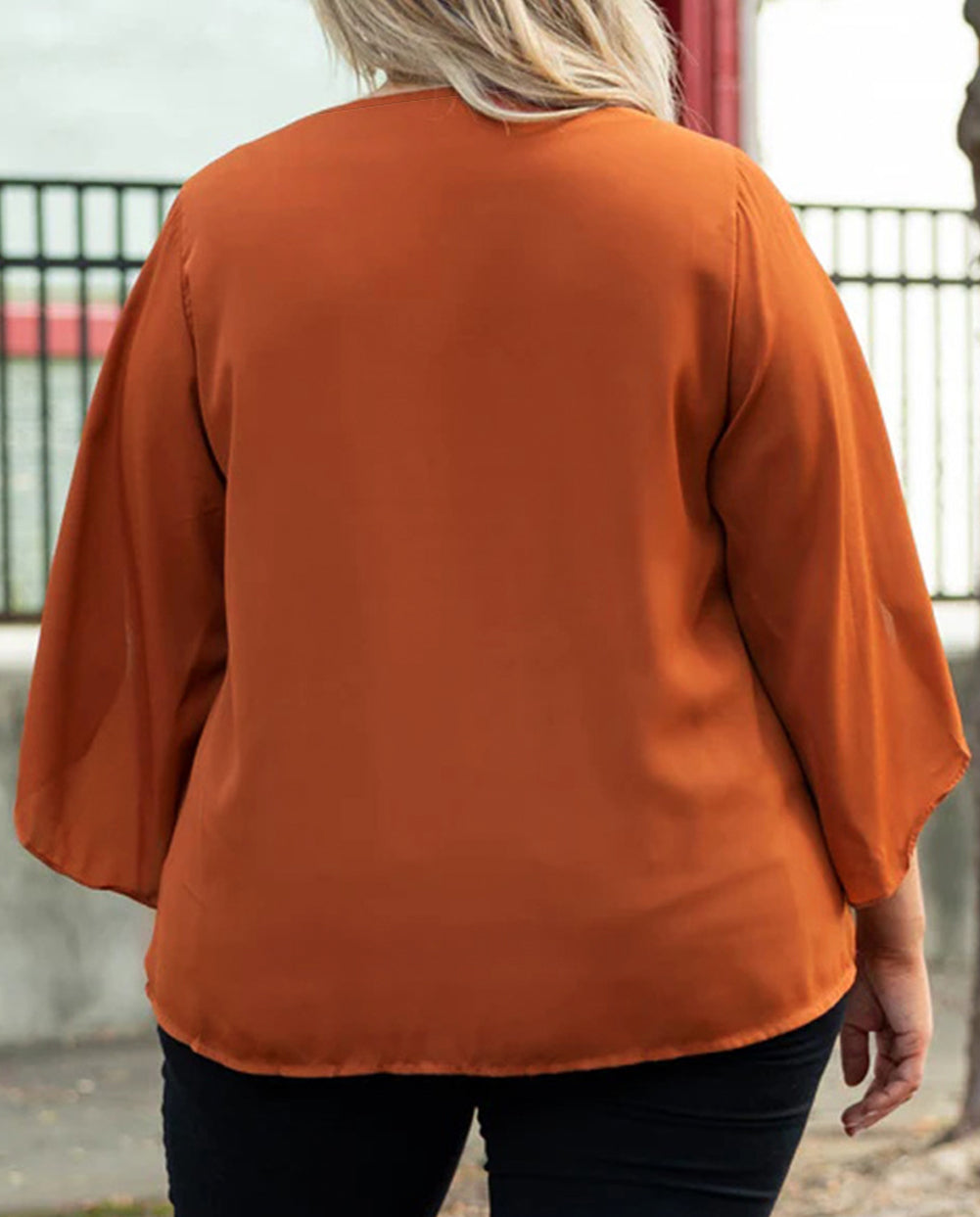 Plus Size Solid Wrapped Ruffled Sleeve V Neck Blouse