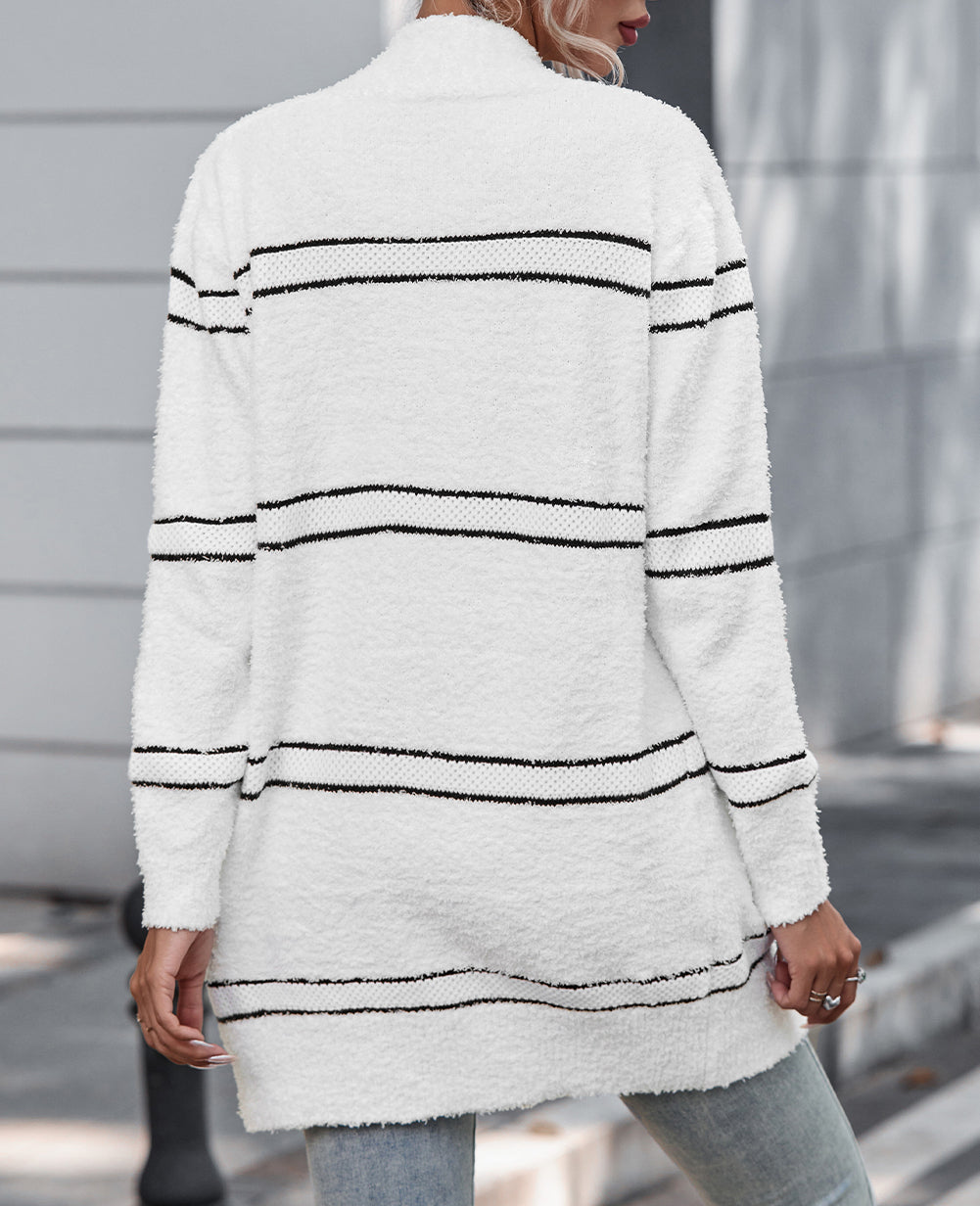 Striped Detail Fuzzy Open Front Cardigan