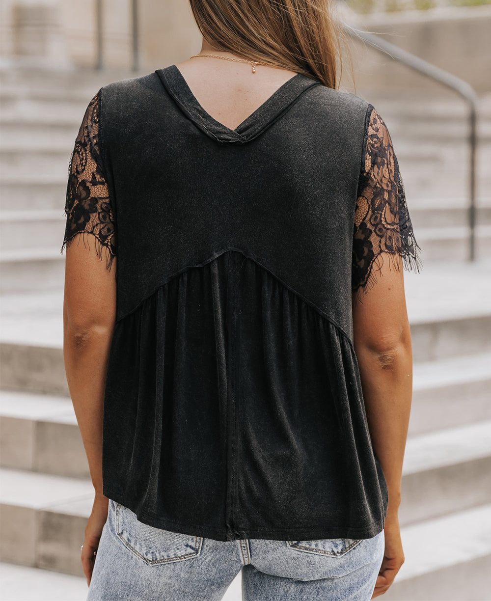 Eyelash Lace Sleeve V Neck Ruffle Babydoll Top