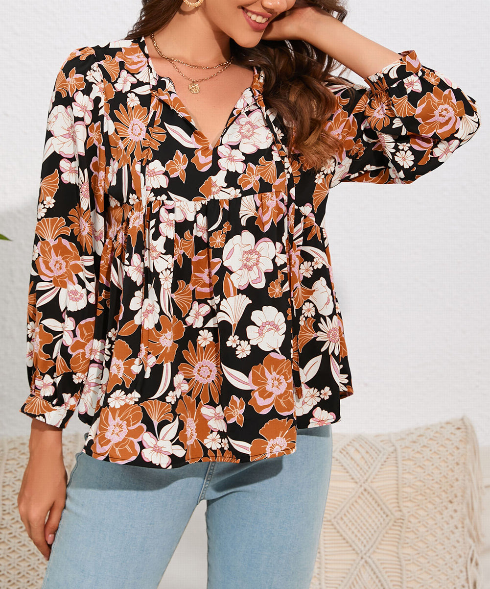Floral Print 3/4 Sleeve Babydoll Blouse