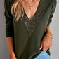 Lace Patchwork V Neck Waffle Knit Top