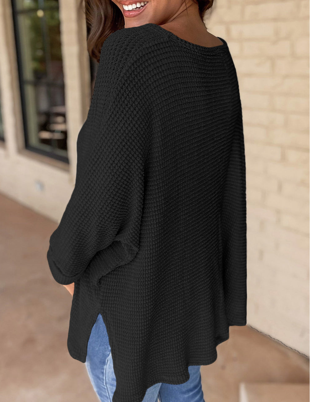 Waffle Knit Side Slits Loose Fit V Neck Top