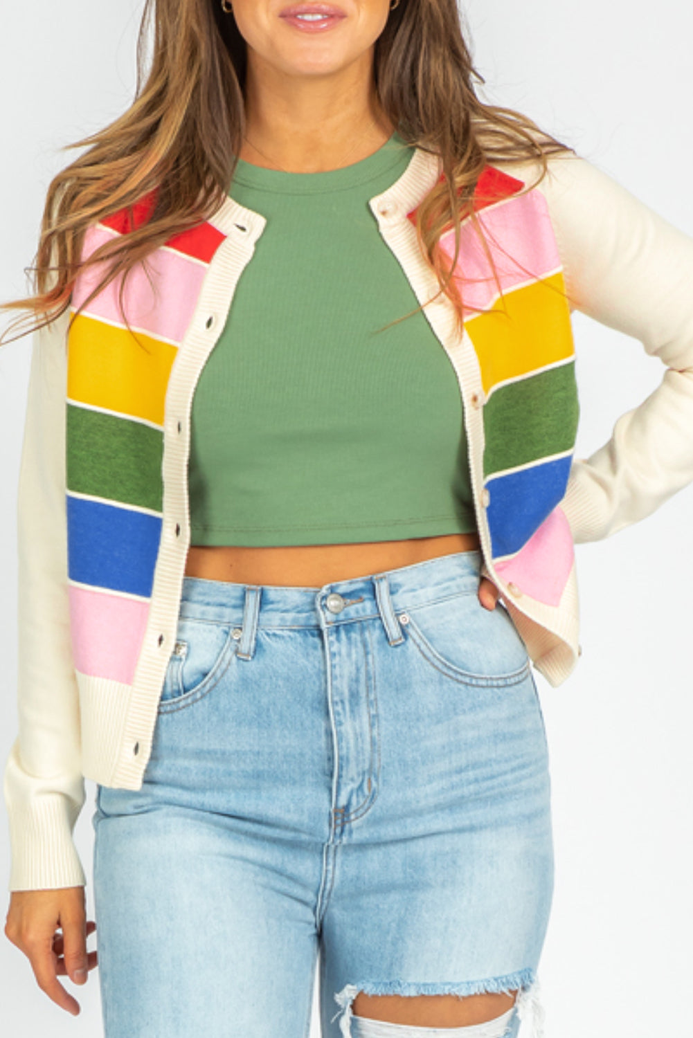 Stripe Colorful Pattern Button Front Sweater Cardigan