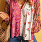 Floral Patchwork Shirred Cuff Buttoned V Neck Blouse