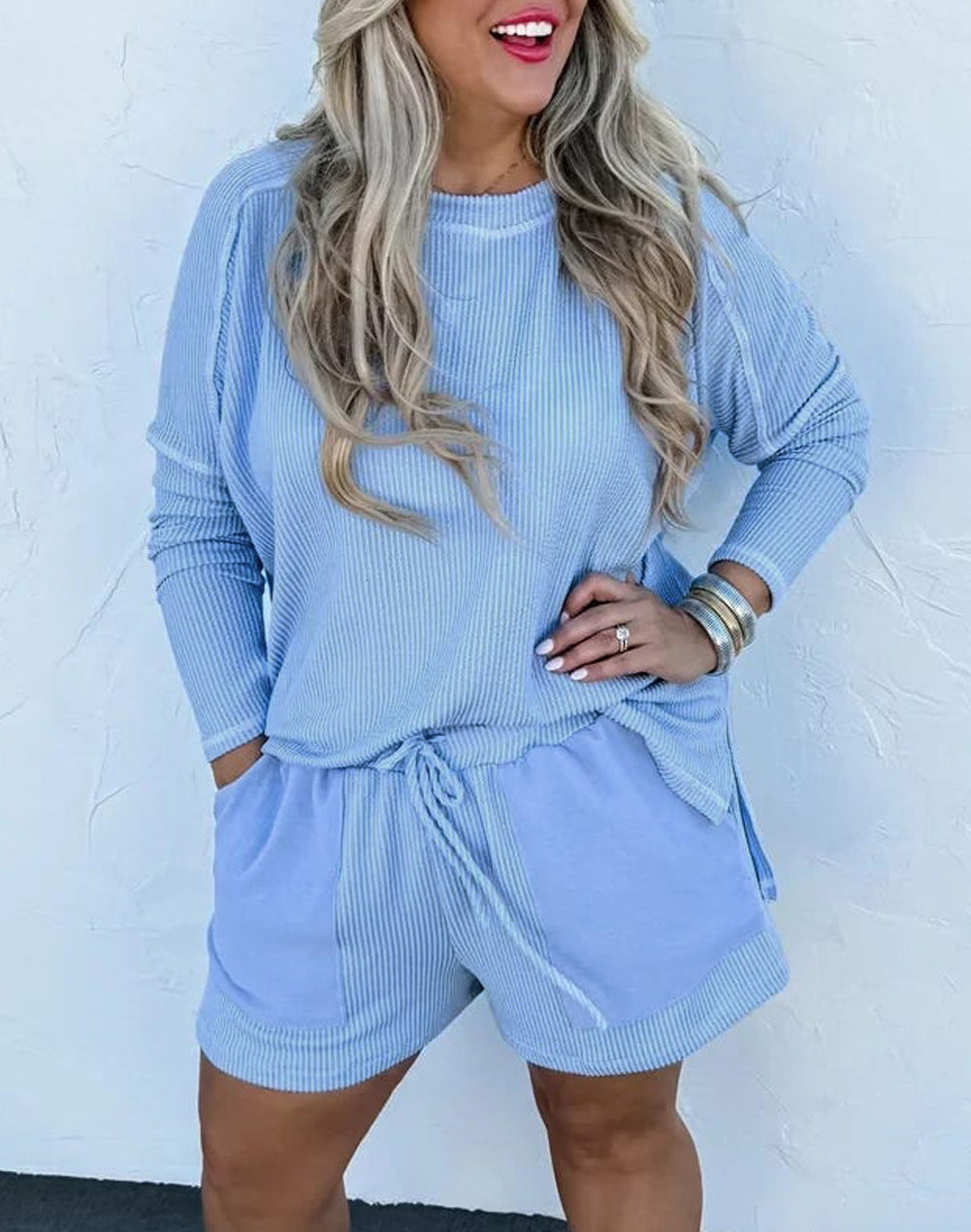 Plus Size Ribbed Long Sleeve Top and Drawstring Shorts Set
