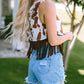 White Cow Printed Fringe Hem Tank Top