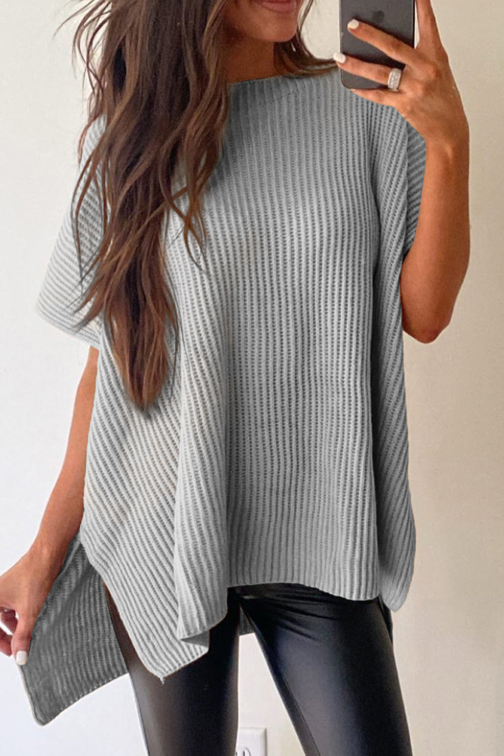 Short Sleeve Side Slit Oversized Sweater
