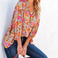 Floral Print Loose Fit Ruched V Neck Blouse