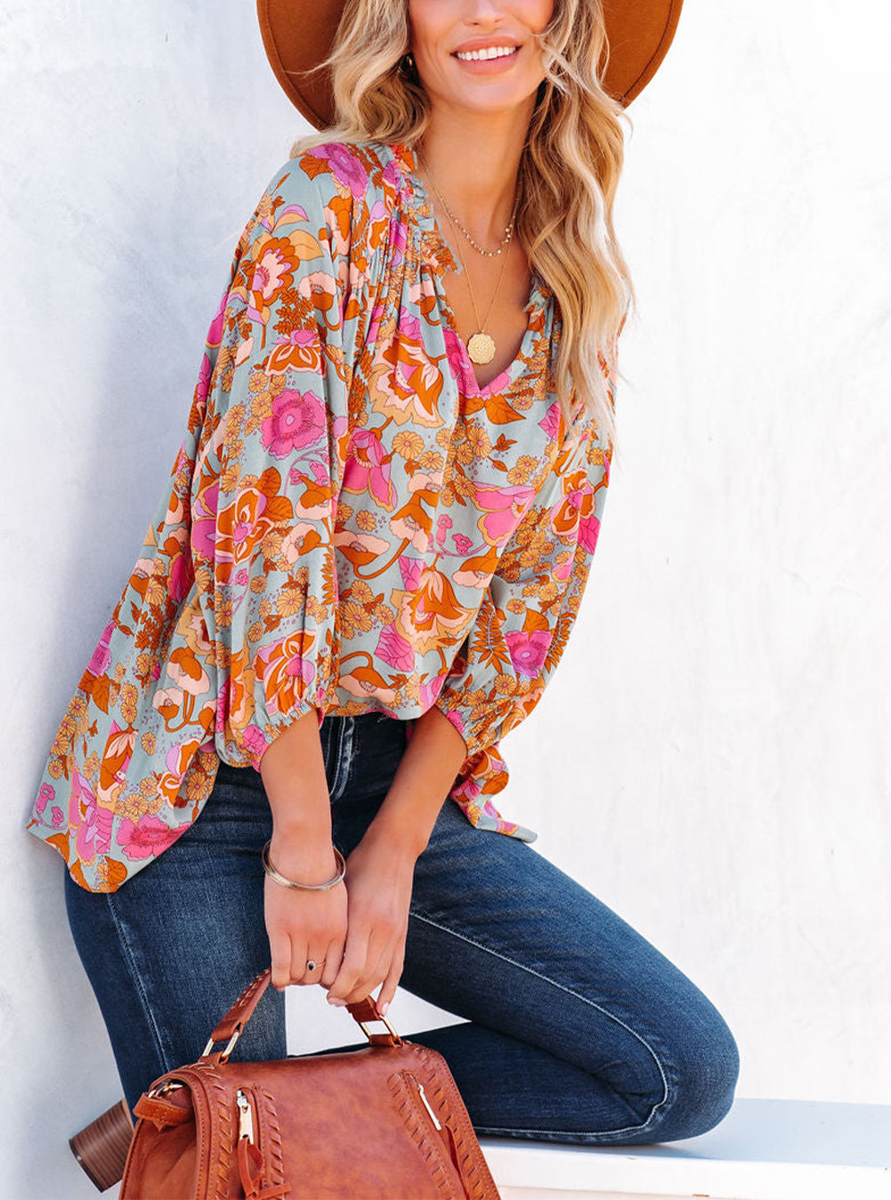 Floral Print Loose Fit Ruched V Neck Blouse