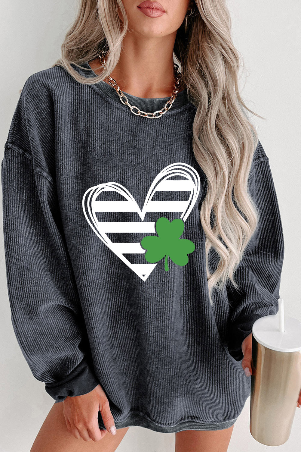 Heart & Clover Print Corded St. Patrick\'s Day Sweatshirt