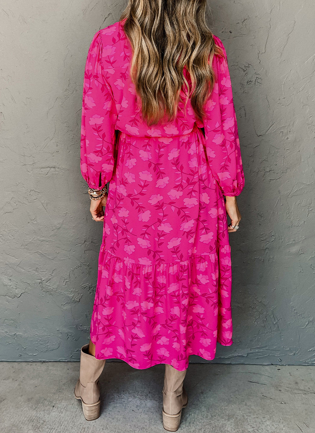 Floral Print Pleated Drawstring High Waist Midi Dress