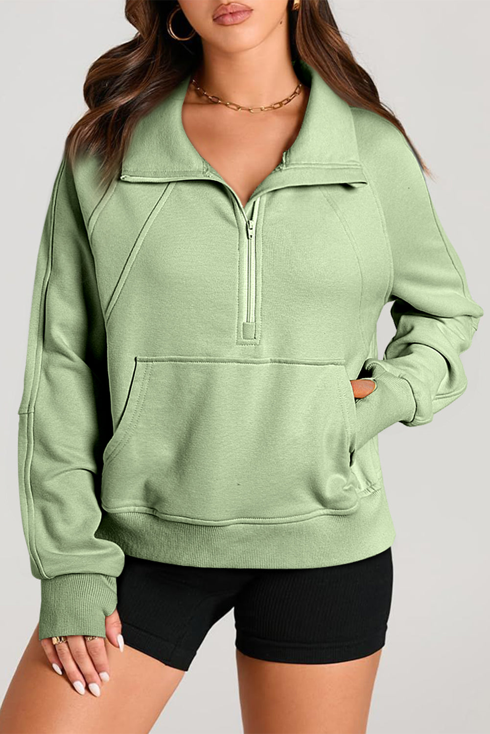 Zip Stand Neck Kangaroo Pocket Sweatshirt