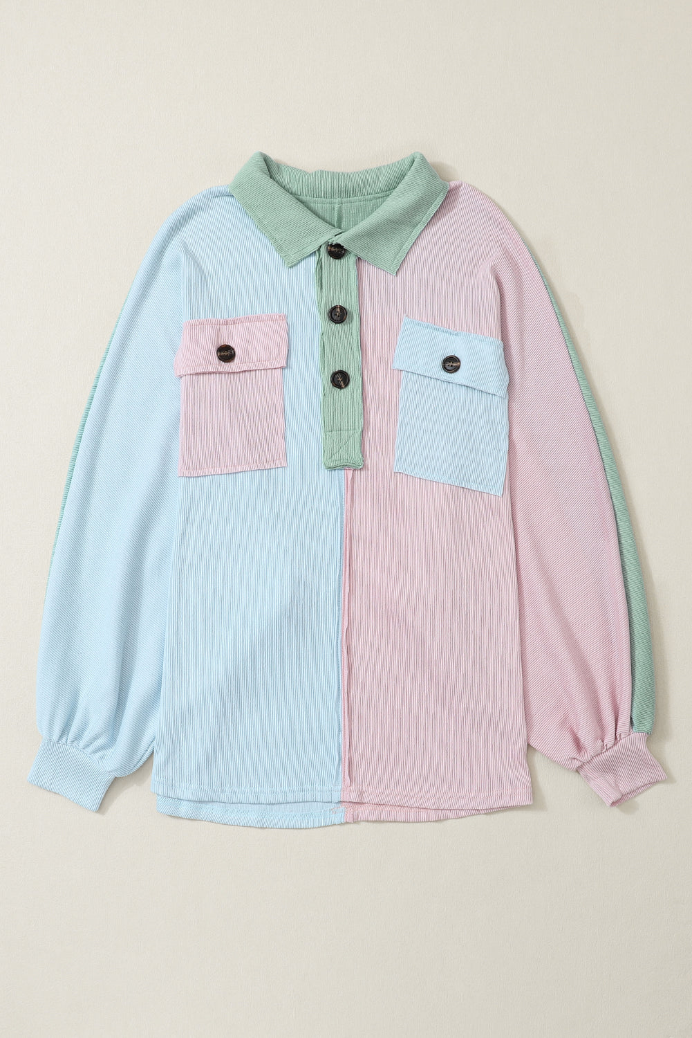 Exposed Seam Colorblock Ribbed Oversized Henley Top