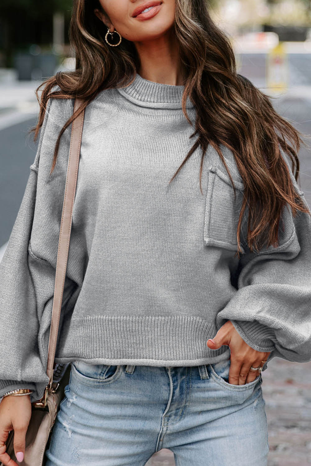 Raw Edge Patch Pocket Exposed Seam Loose Sweater