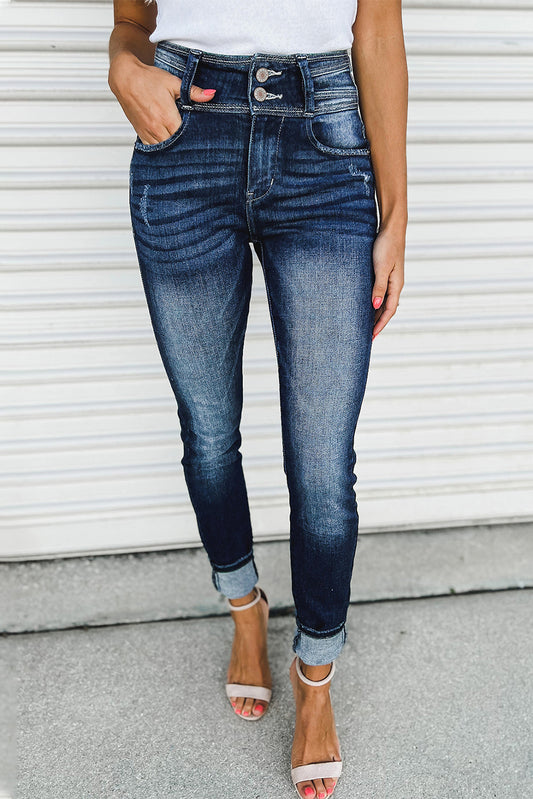 Vintage Washed Two-button High Waist Skinny Jeans