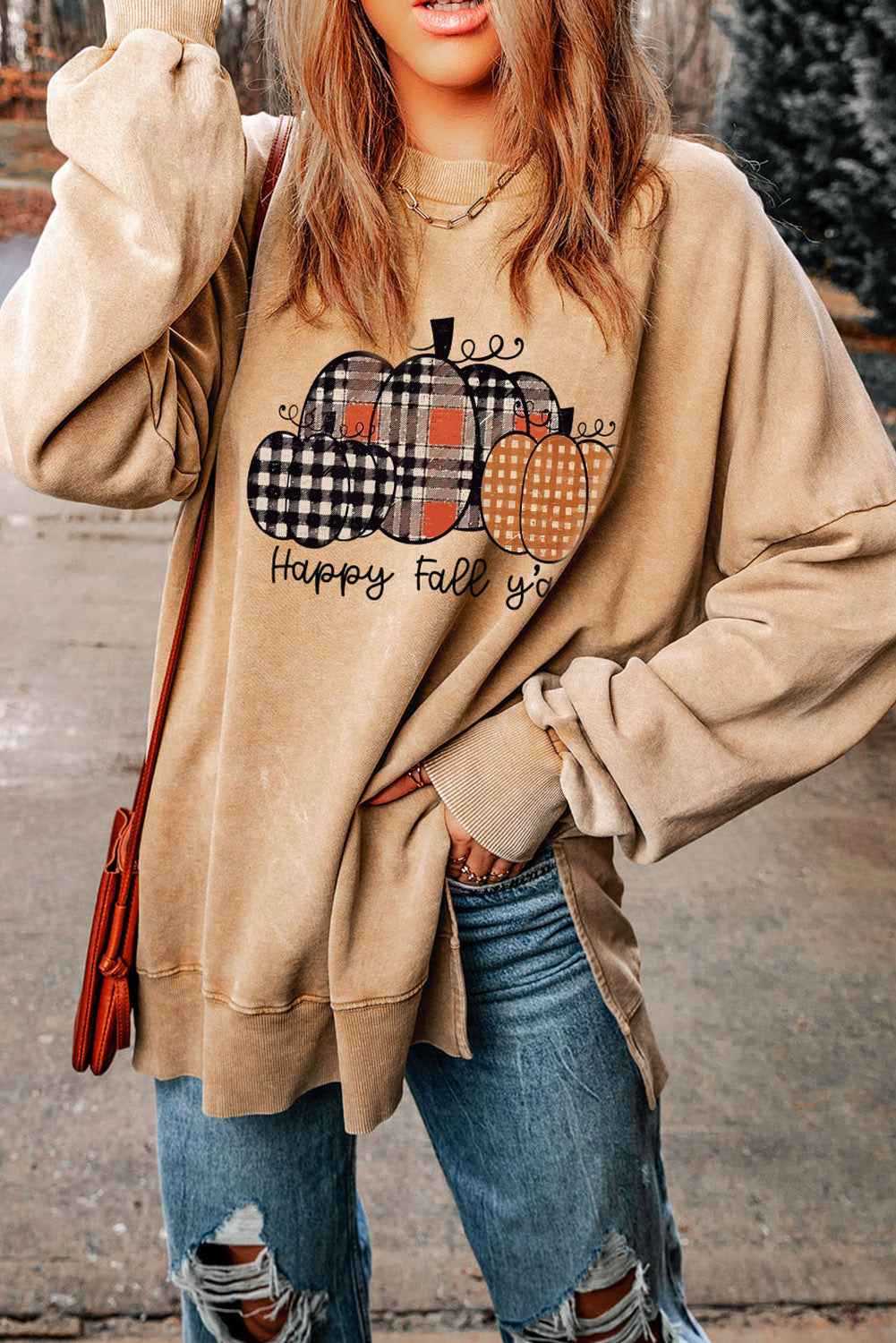 Plaid Pumpkin Graphic Washed Split Sweatshirt