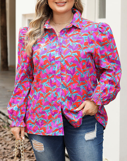 Plus Size Floral Print Ruffled Puff Sleeve Shirt