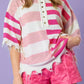 Stripe Half Button Distressed Patchwork Loose Knit Top