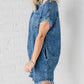 Mineral Wash Cuffed Sleeve Frayed Hem Denim Dress