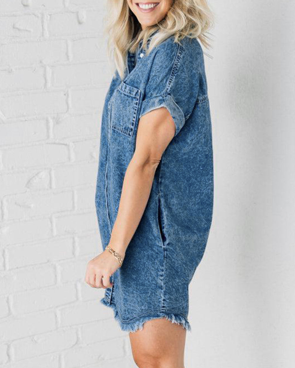 Mineral Wash Cuffed Sleeve Frayed Hem Denim Dress