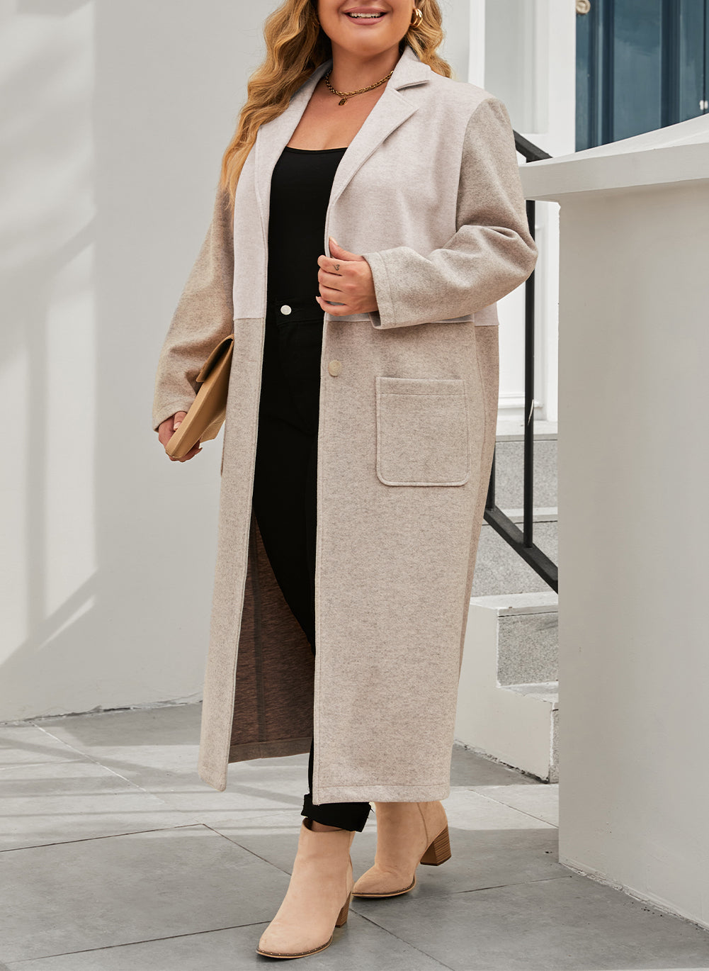Plus Size Colorblock Lapel Collar Long Coat