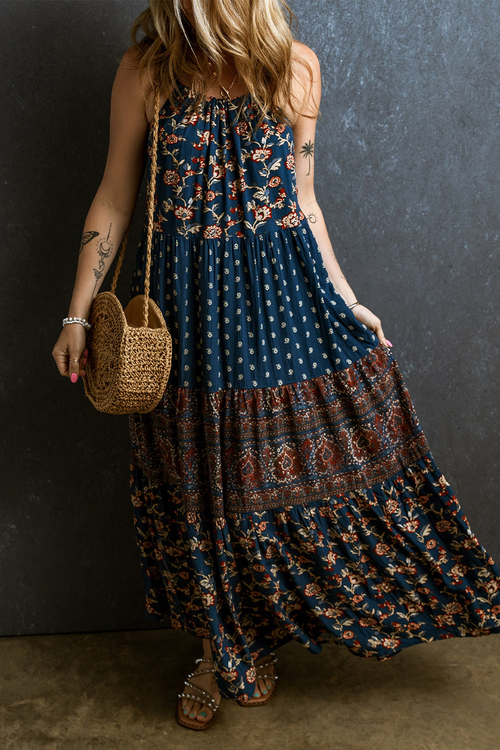 Floral Splicing Sleeveless Maxi Dress