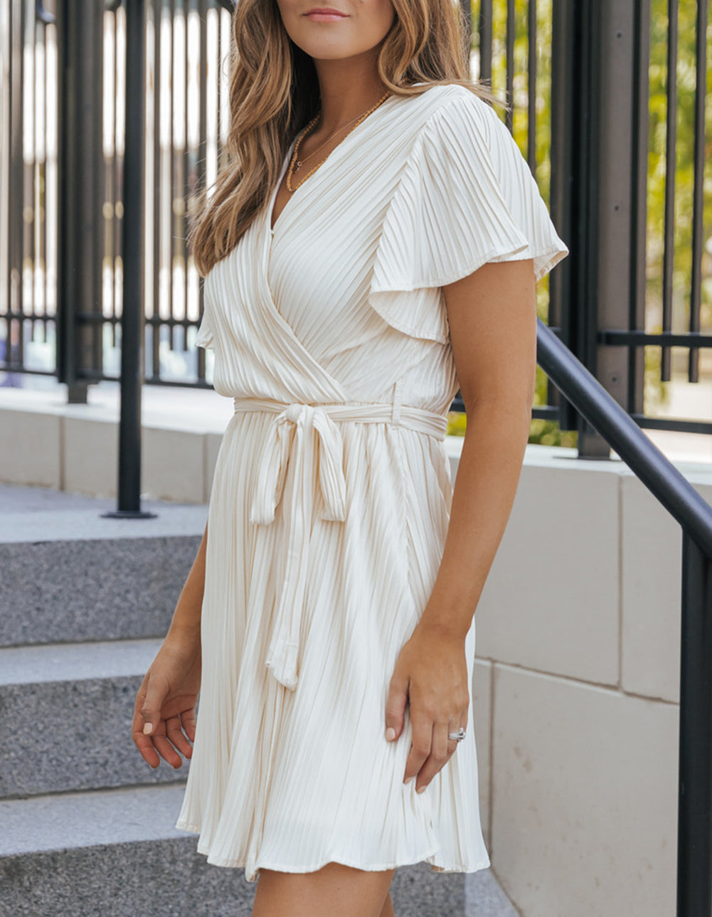 Flutter Sleeve Wrapped Pleated Sashed Short Dress