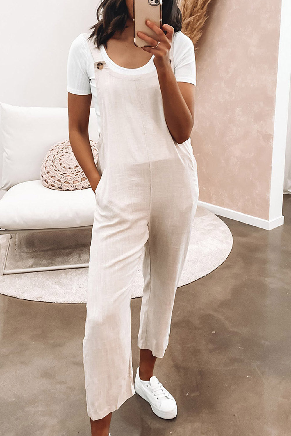 Button Straps Pocketed Cropped Jumpsuit