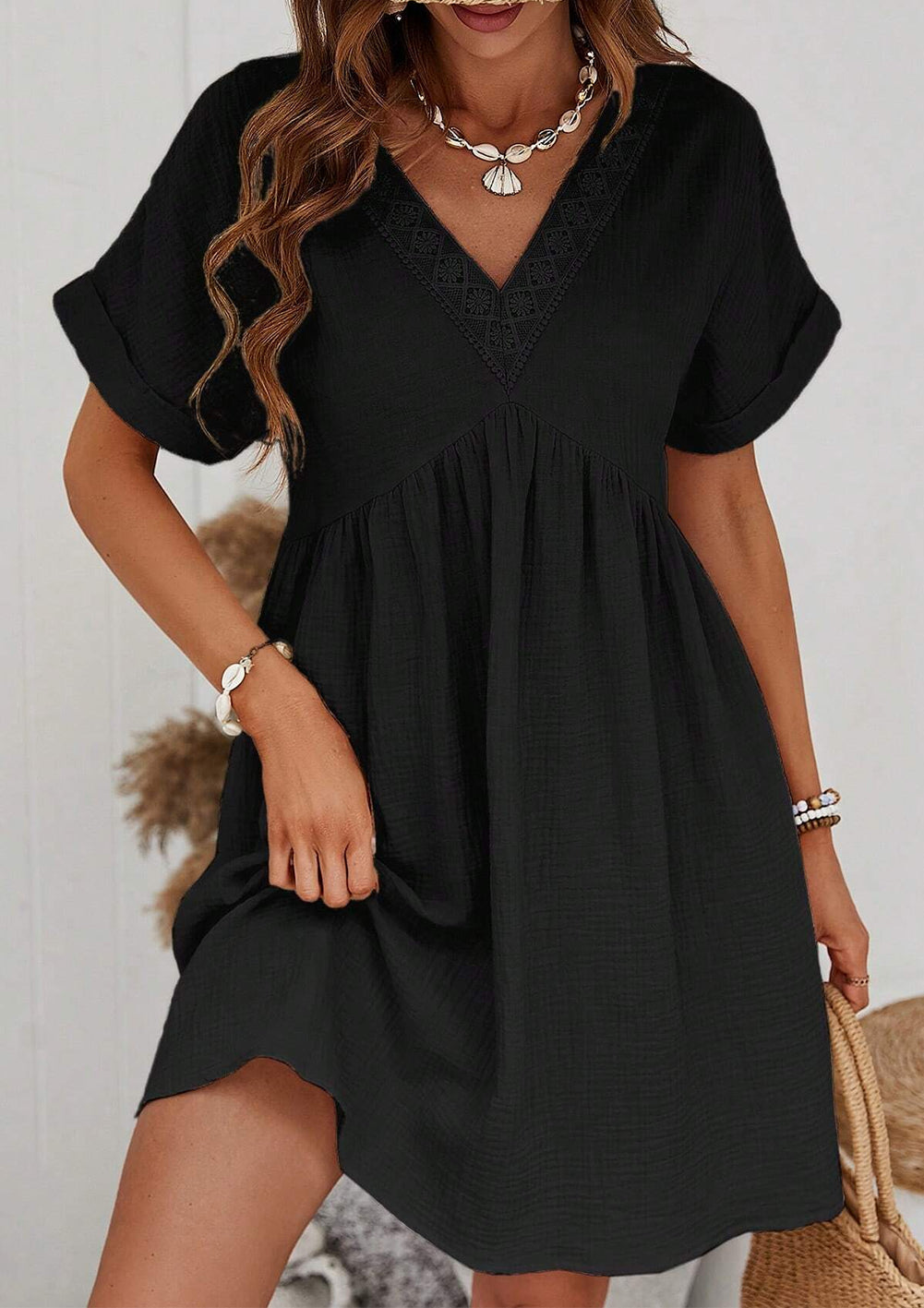 Folded Short Sleeve Lace V Neck Mini Dress